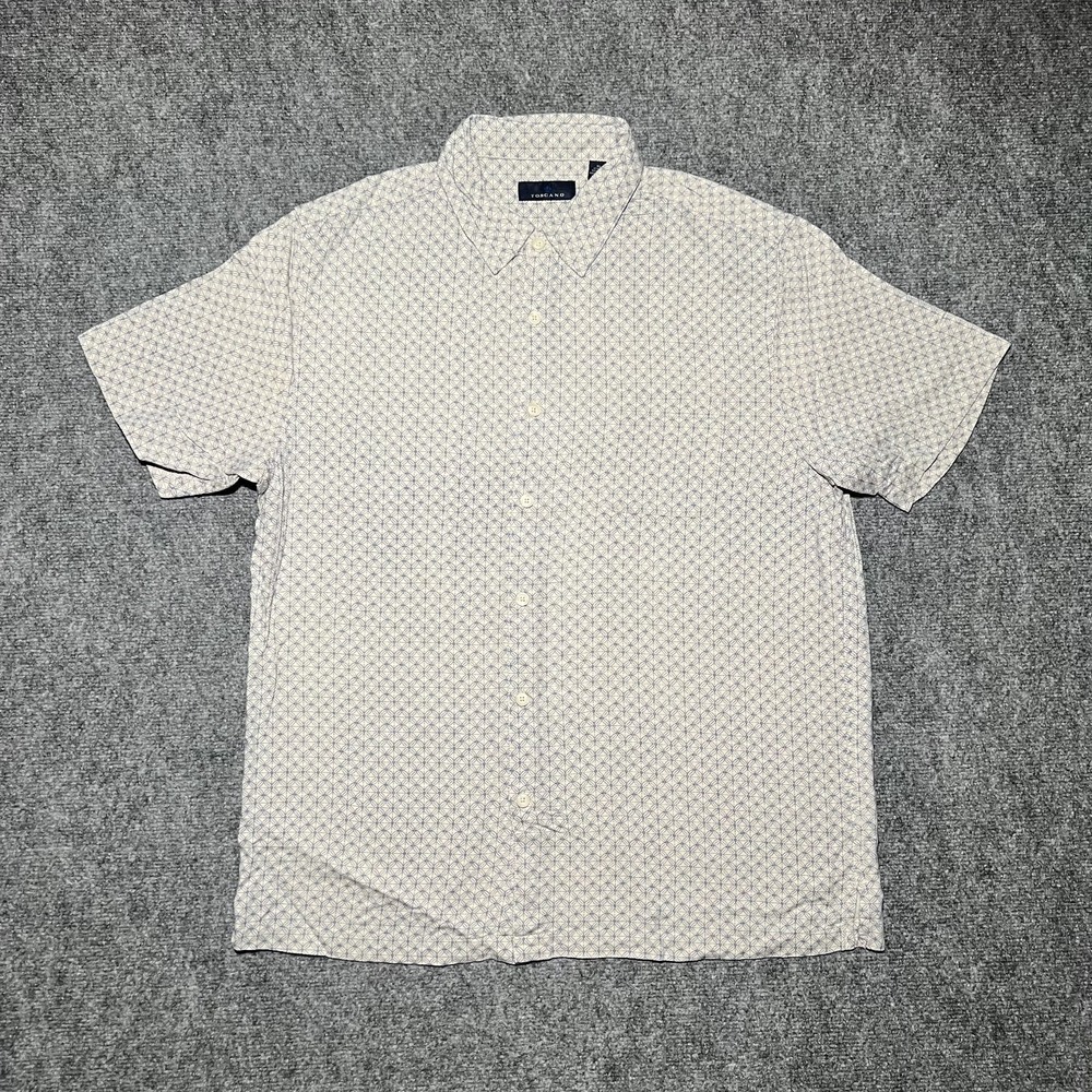 Toscano Silk Rayon Short Sleeve Mens XL‎ Button Up Shirt Geometric Ivory Blue